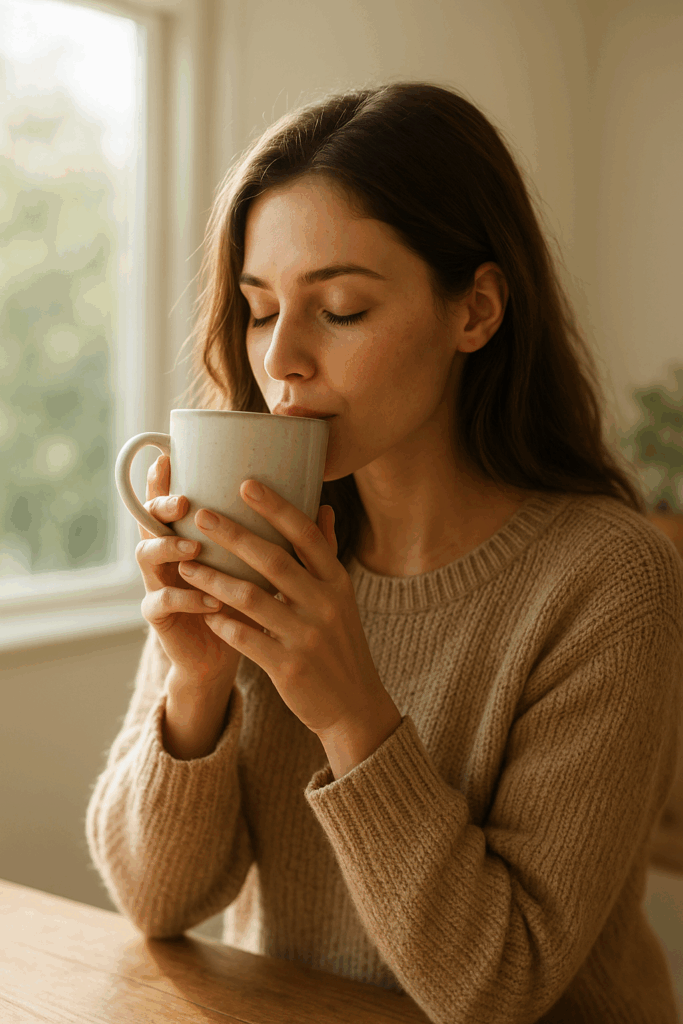 Žena držící hrnek čaje – symbol návratu k sobě a radosti z maličkostí.